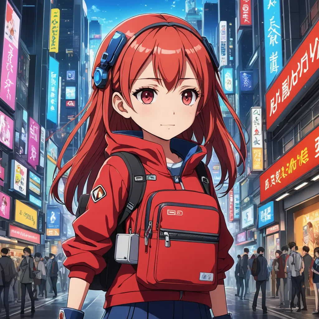 a girl with red hair and a backpack in a city street with people walking around her and a sign that says no more, rayonism, a character portrait, Chizuko Yoshida, official art