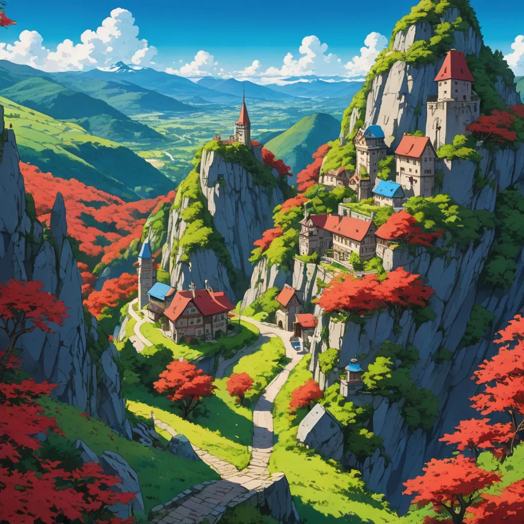 a cartoon landscape of a mountain town with a path leading to a castle on top of a cliff with a forest, fantasy art, a detailed matte painting, Don Bluth, ghibli