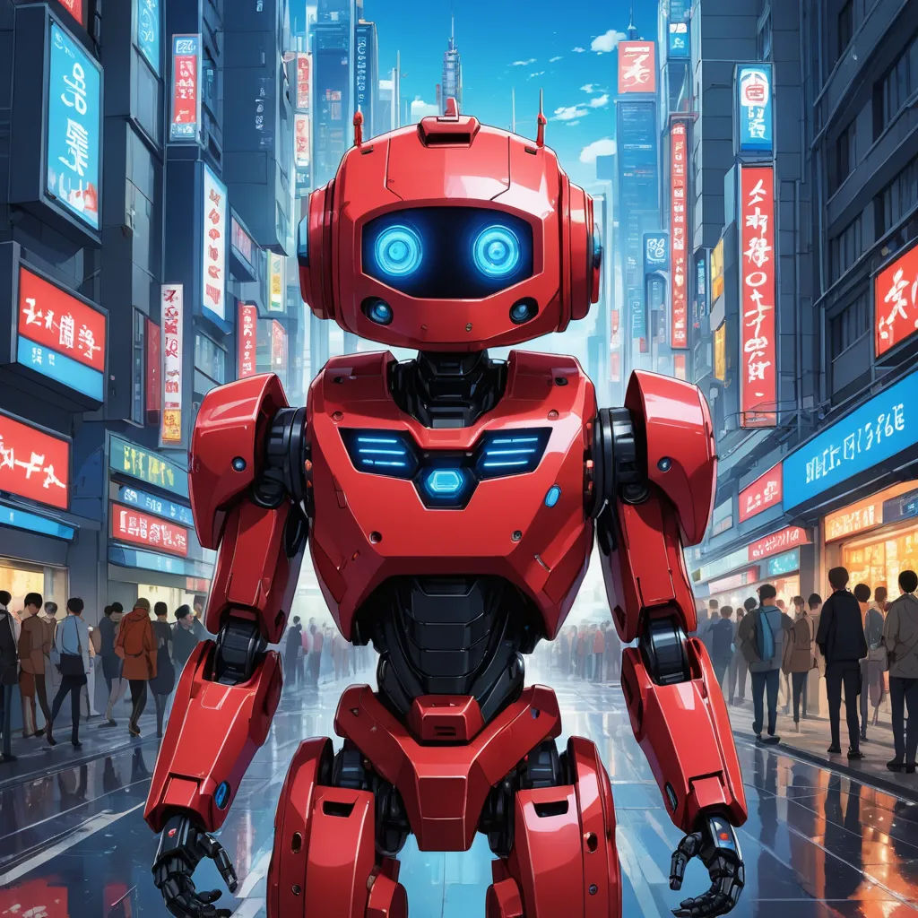 a robot standing in a city street with people walking around it and buildings in the background with asian characters, cubo-futurism, cyberpunk art, Ai-Mitsu, robot