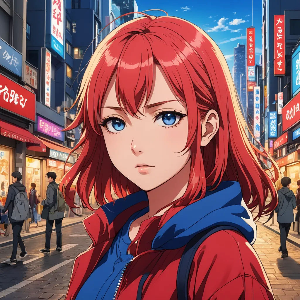 a girl with red hair and blue eyes stands in a city street in front of a storefront with people walking by, rayonism, an anime drawing, Chizuko Yoshida, official art