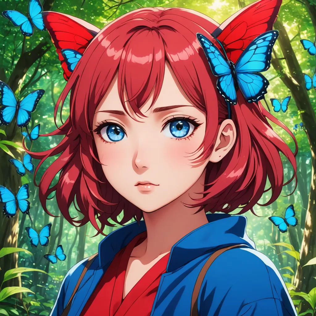 a girl with red hair and blue eyes in a forest with butterflies on her head and a blue butterfly on her ear, furry art, a character portrait, Ayami Kojima, character portrait