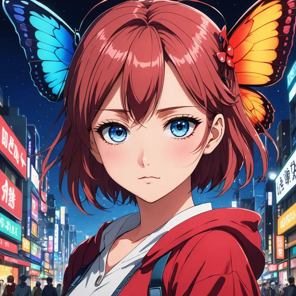 a girl with red hair and blue eyes in a city at night with a butterfly on her head and a cityscape in the background, cloisonnism, cyberpunk art, Ai-Mitsu, official art