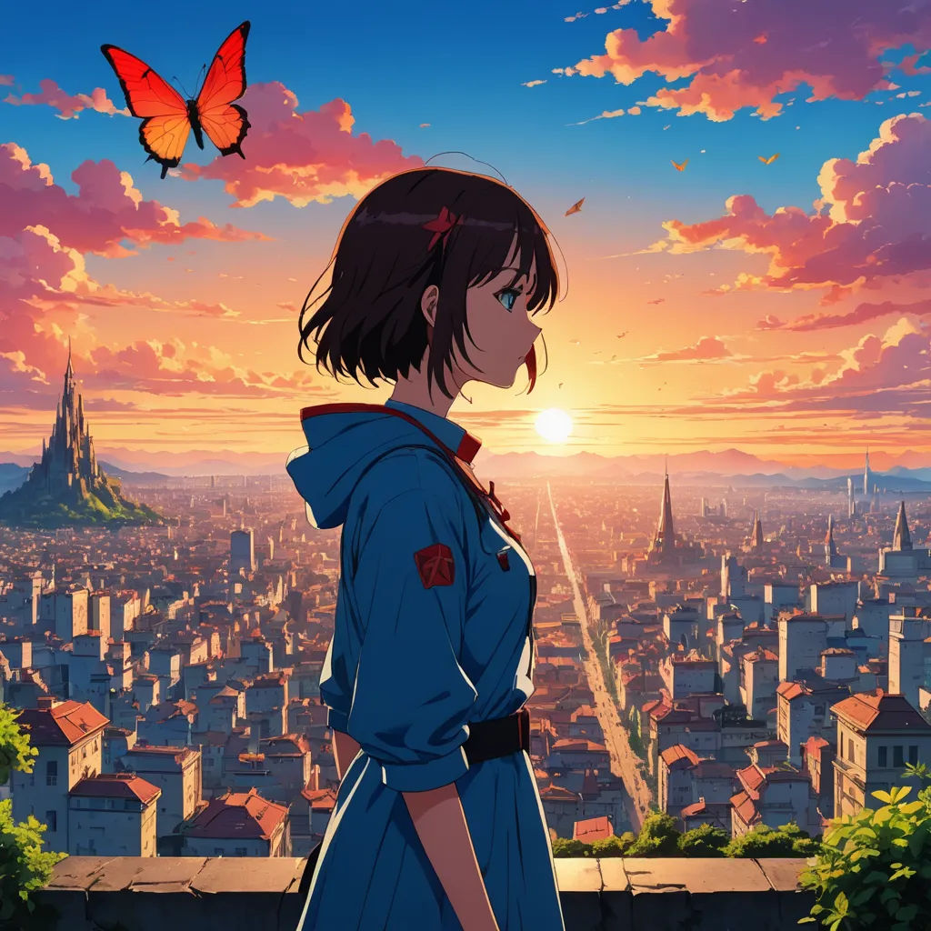 a girl in a blue dress looking at a butterfly flying over a city at sunset with a butterfly flying over her shoulder, neo-romanticism, poster art, Ai-Mitsu, anime key visual