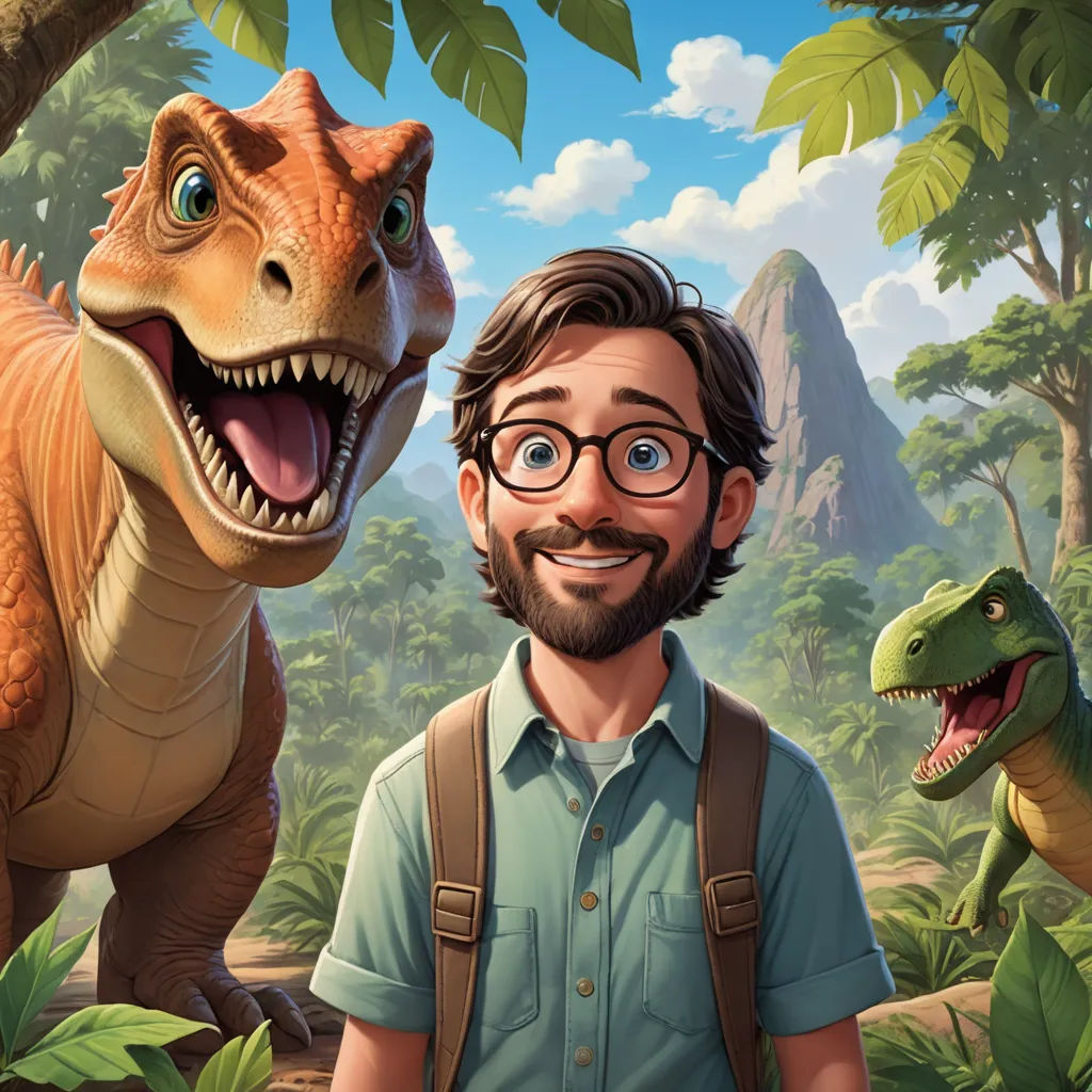a man standing next to a dinosaur in a forest with a man in front of him and a dinosaur, sots art, a character portrait, Adam Rex, key art