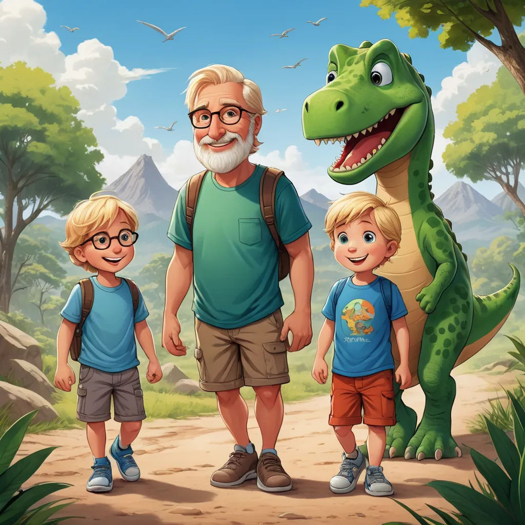 a man and two children standing in front of a dinosaur in a forest with a mountain background and a green t - shirt, sots art, a storybook illustration, Adam Rex, key art