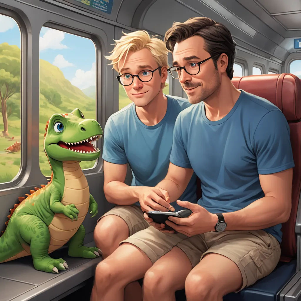 a man and a woman sitting on a train next to a dinosaur and a man holding a remote control, sots art, a storybook illustration, Adam Rex, official art