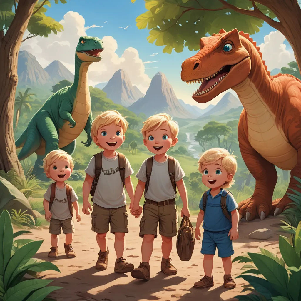 a group of children standing next to a dinosaur in a forest with a mountain background and a man holding a backpack, sots art, a storybook illustration, Brothers Hildebrandt, official art