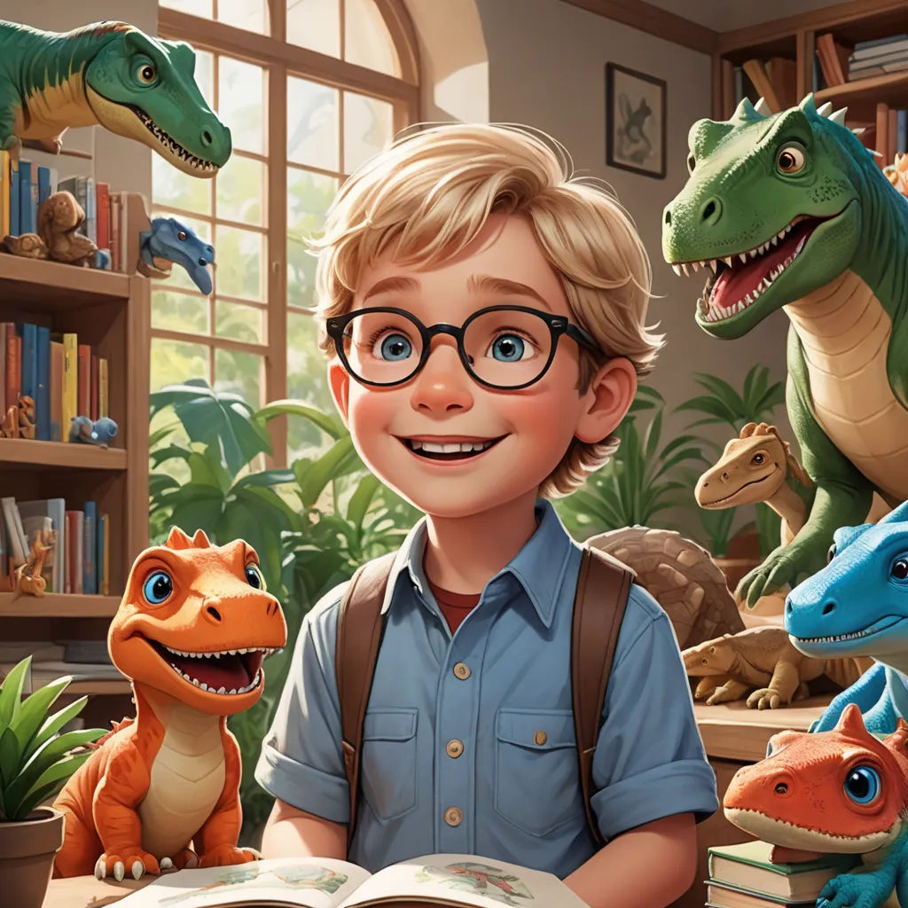 a boy is reading a book with dinosaurs around him and a dinosaur statue behind him in a library with bookshelves, sots art, a storybook illustration, Adam Rex, rossdraws global illumination