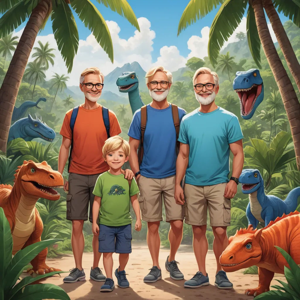 a family of three standing in front of a painting of dinosaurs and a man with a beard and glasses, digital art, a storybook illustration, Adam Rex, professional digital painting