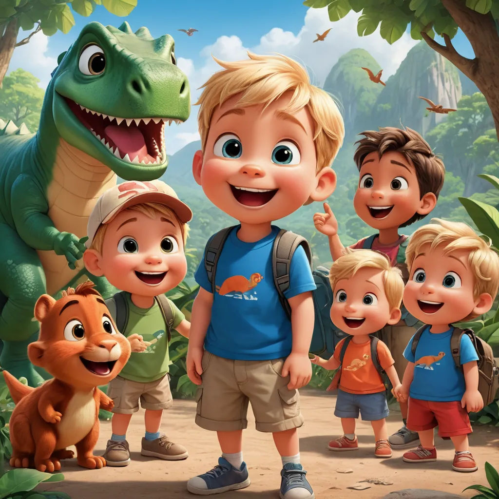 a group of children standing next to a dinosaur in a forest with a man and a woman and a child, sots art, concept art, Adam Rex, promotional image