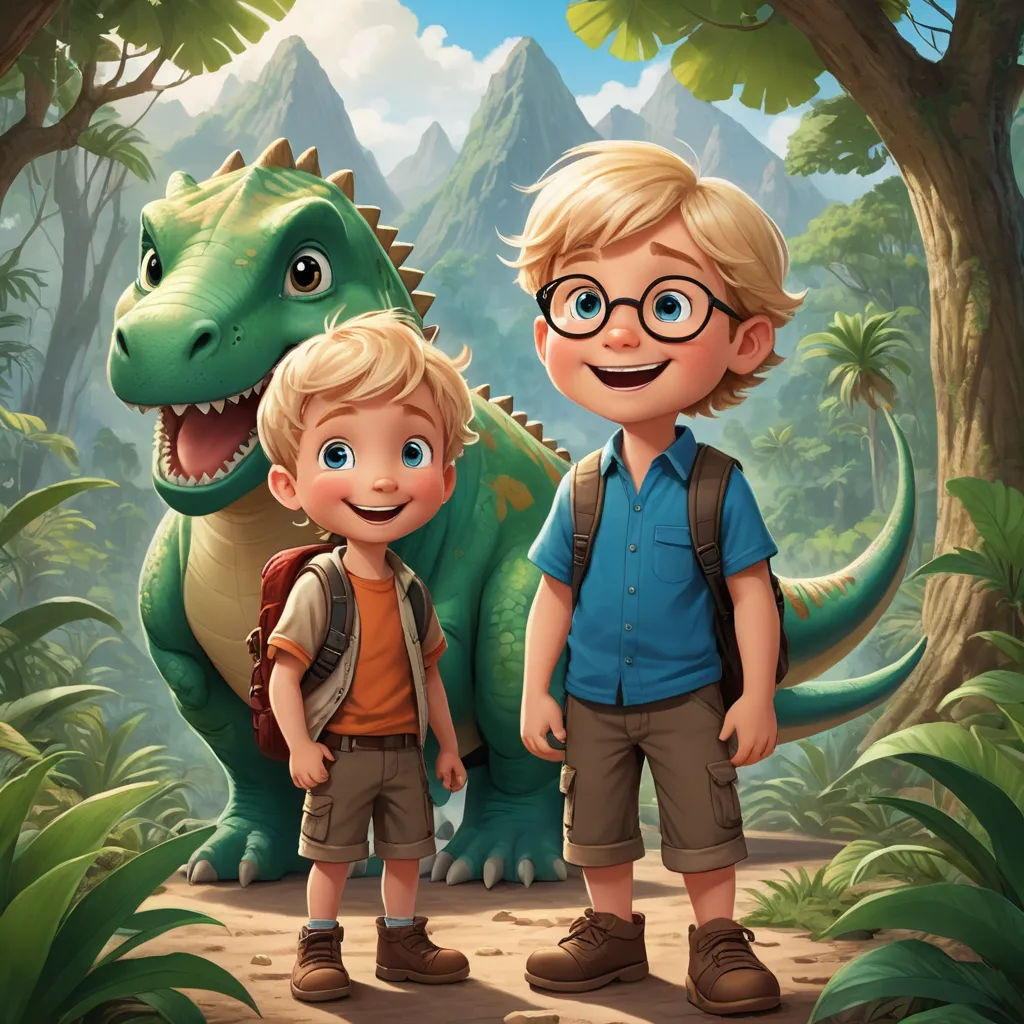 a boy and a boy standing in front of a dinosaur in a forest with a mountain background and a boy with a backpack, sots art, a storybook illustration, Adam Rex, promotional image