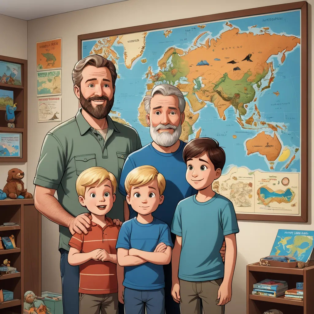 a man and two boys standing in front of a map of the world with a map of the world behind them, sots art, a storybook illustration, Brothers Hildebrandt, promotional image