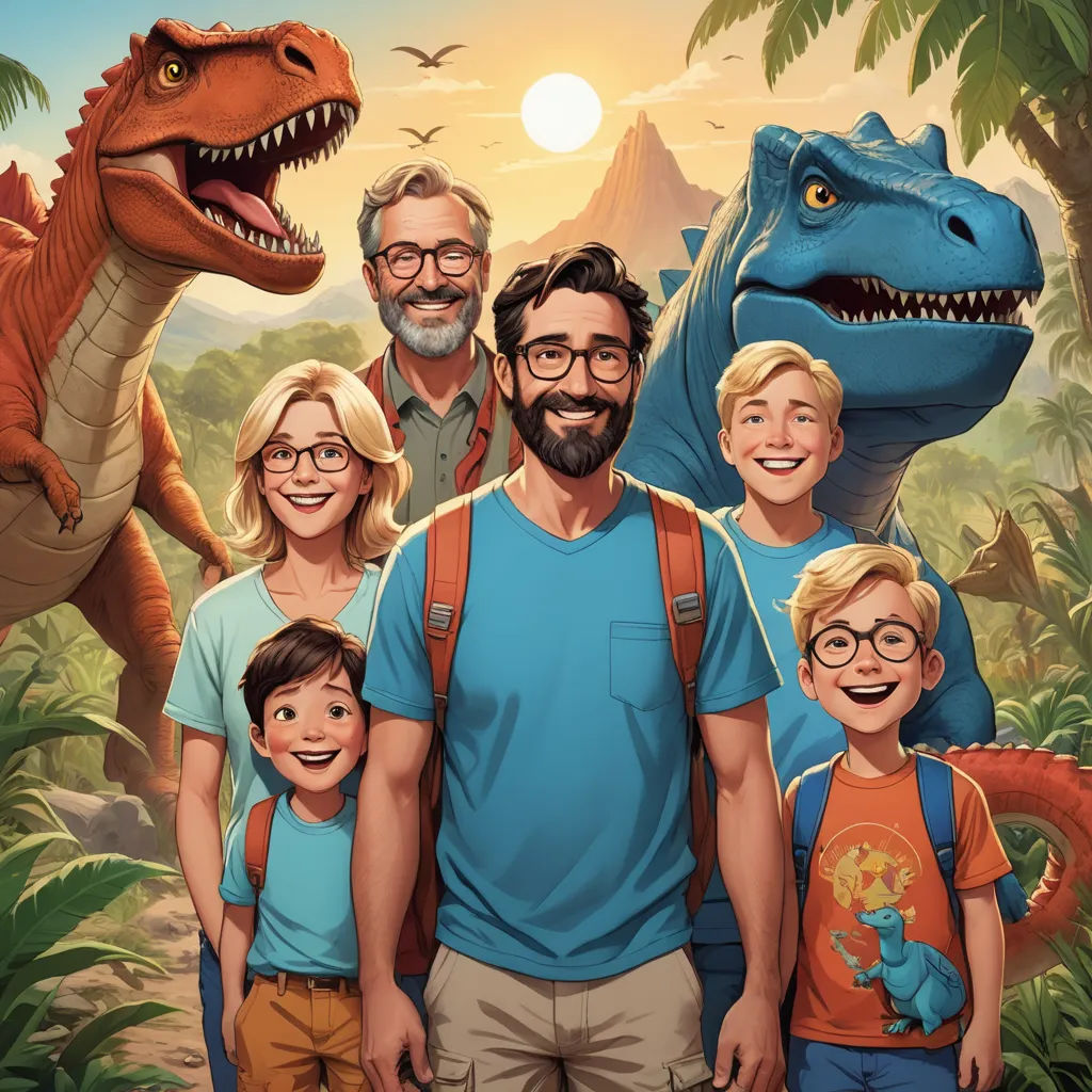 a man and two children standing in front of a dinosaur and a man with a beard and glasses and a dinosaur, sots art, poster art, Adam Rex, promotional image
