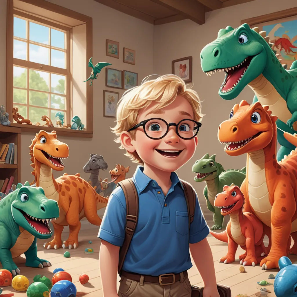 a boy in a blue shirt and glasses standing in front of a group of dinosaurs in a room with a bookcase, photorealism, a storybook illustration, Adam Rex, pixar and disney animation