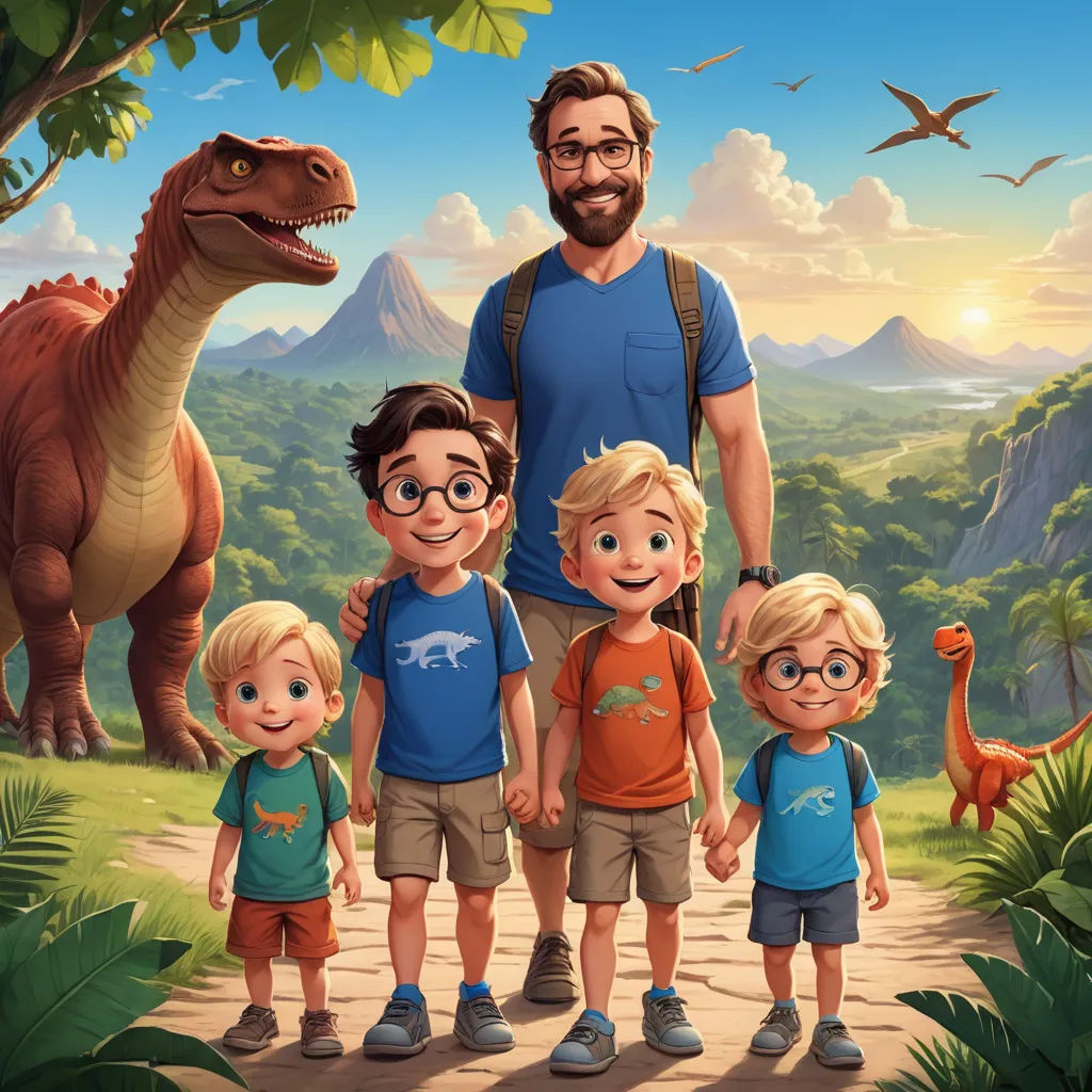 a man and two children standing in front of a dinosaur and a man with glasses on and a dinosaur behind them, sots art, a storybook illustration, Adam Rex, key art