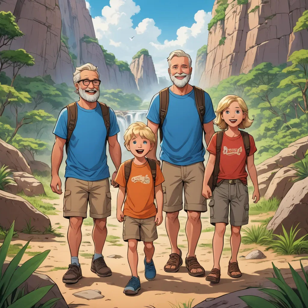 a family of three standing in front of a waterfall with a waterfall in the background and a mountain in the background, sots art, a storybook illustration, Brothers Hildebrandt, official art