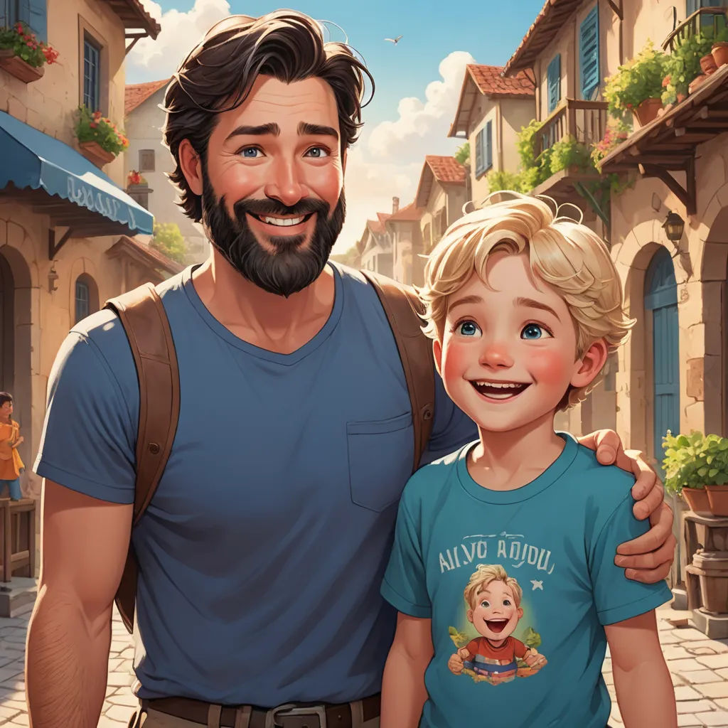 a man and a boy are standing in front of a street with buildings and a sky background and a cartoon character, fantasy art, a storybook illustration, Aaron Jasinski, kinkade