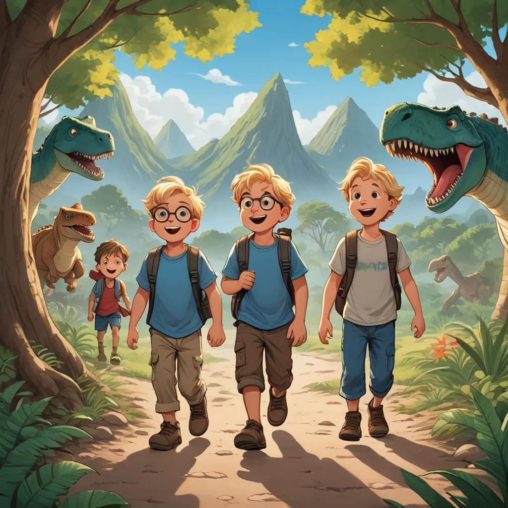 three children walking through a forest with a dinosaur in the background and a dinosaur in the foreground, and a man in the middle of the picture, sots art, a storybook illustration, Adam Rex, rossdraws global illumination