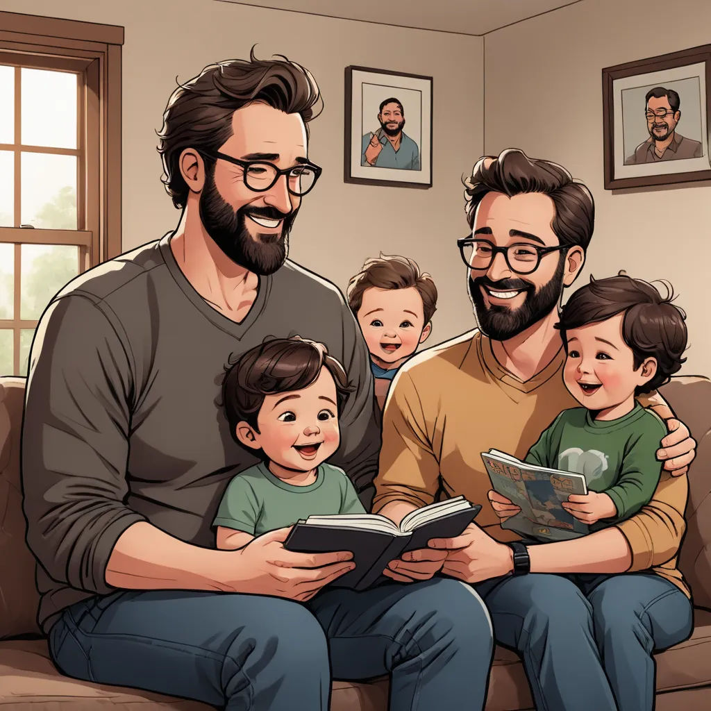 a man sitting on a couch with two children and a man reading a book to them while two children look on, figurativism, a storybook illustration, Asaf Hanuka, future
