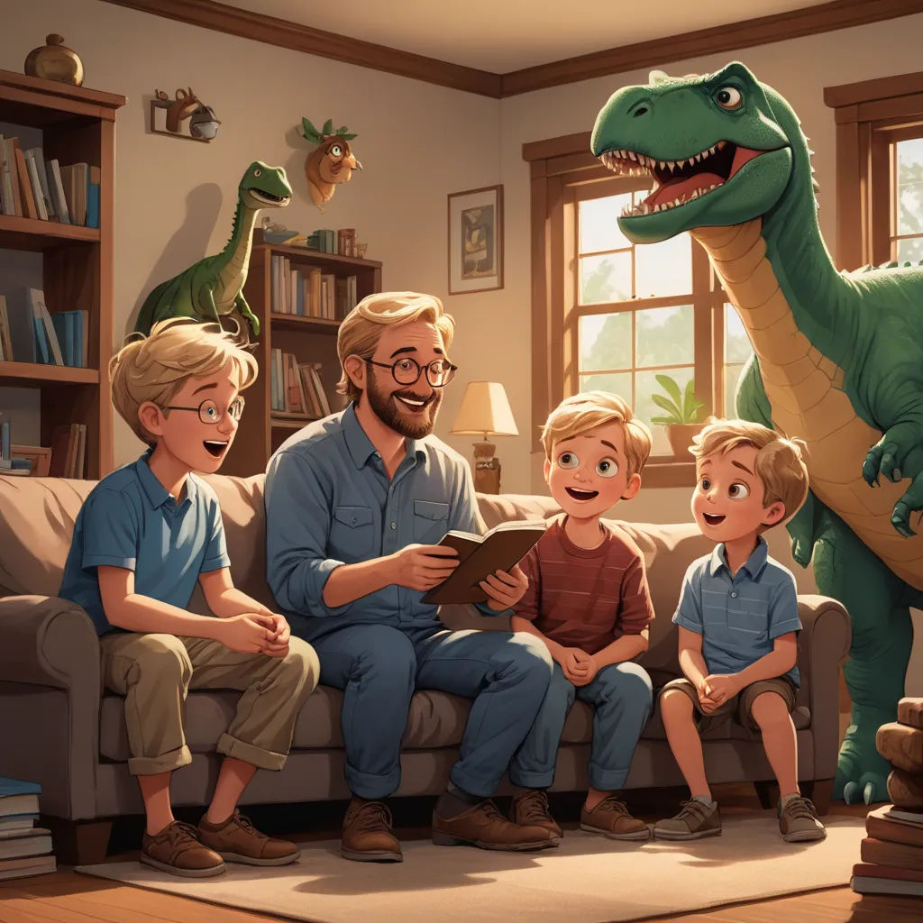a man and two boys are sitting on a couch with a dinosaur and a man is reading a book, sots art, a storybook illustration, Adam Rex, storybook illustration