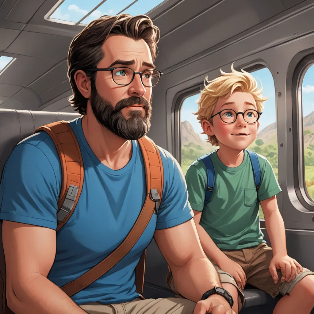 a man and a boy sitting on a train looking out the window at the mountains and a valley below, sots art, a comic book panel, Brothers Hildebrandt, official art