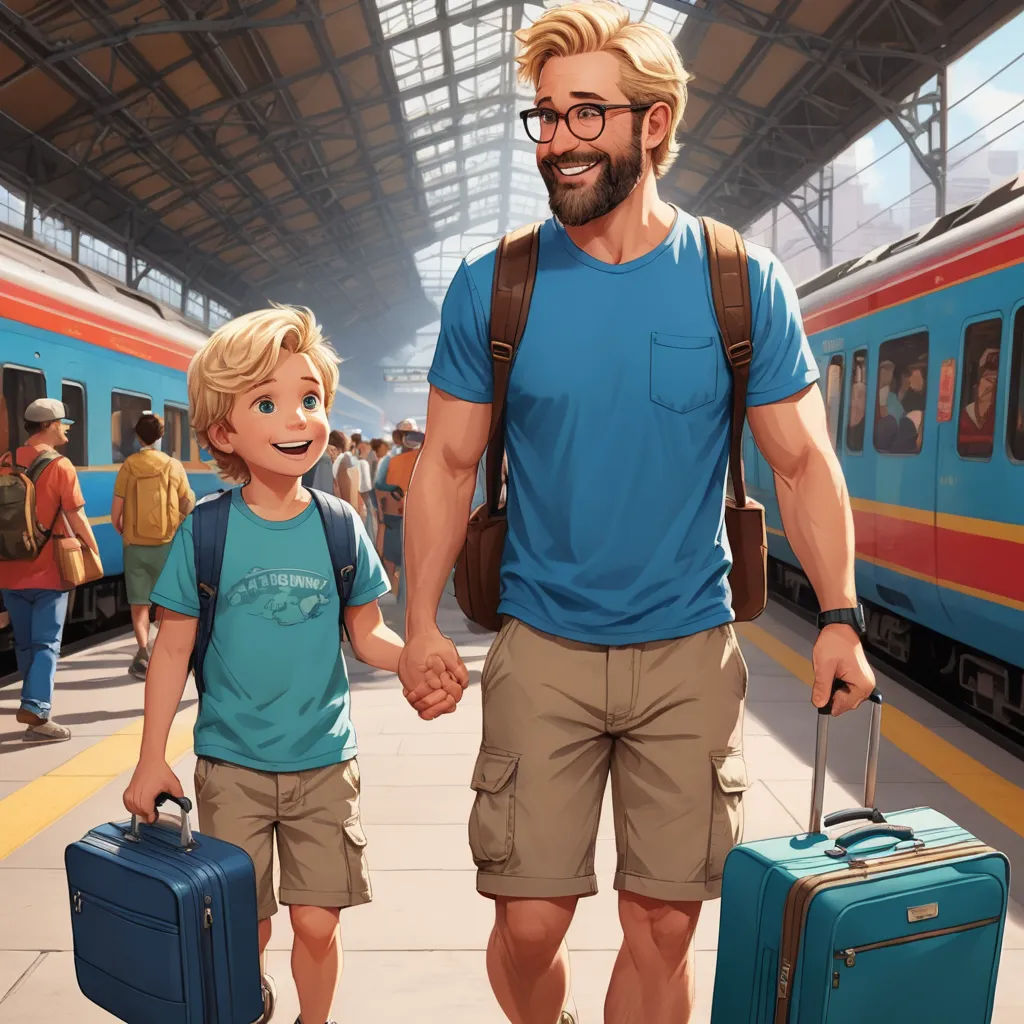 a man and a boy are holding hands and walking towards a train station with luggage bags on the ground, american realism, a storybook illustration, disney, kinkade