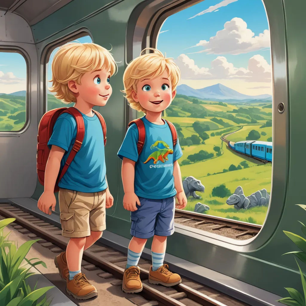 two young boys standing on a train looking out the window at a scenic landscape of mountains and a valley, sots art, a storybook illustration, Brothers Hildebrandt, storybook illustration