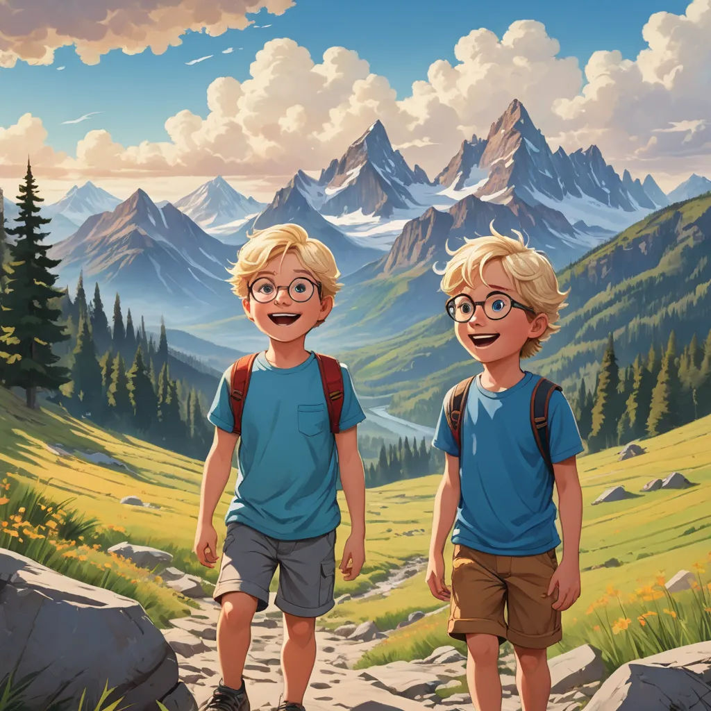 two young boys standing on a rocky path in front of a mountain landscape with a valley and pine trees, american scene painting, a storybook illustration, Brothers Hildebrandt, official art