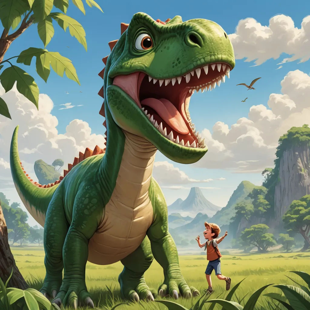 a dinosaur with a young boy running in the grass near a tree and a mountain in the background with a bird flying overhead, sots art, a storybook illustration, Adam Rex, rossdraws global illumination