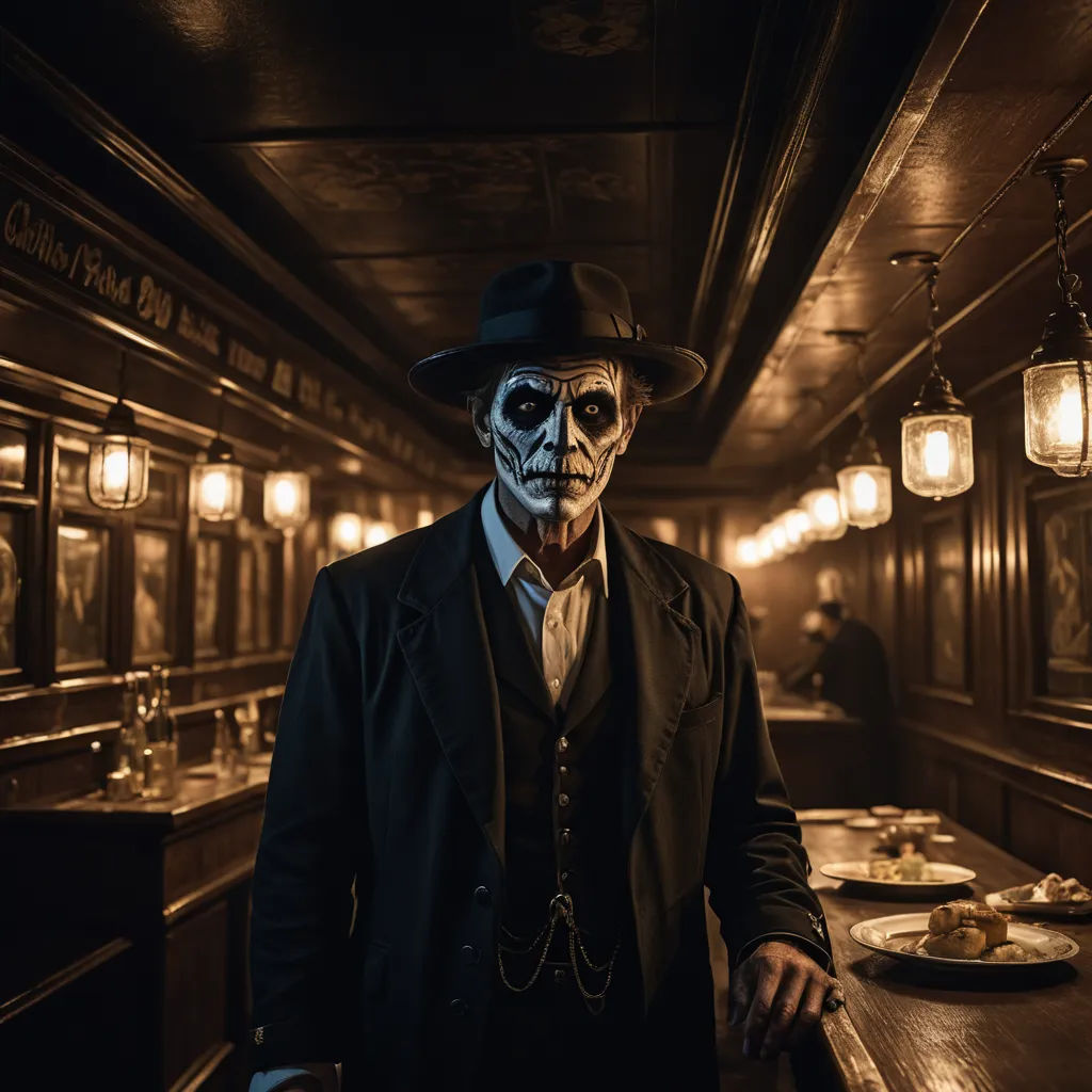 a man in a skeleton mask and top hat standing in a bar with a wooden table and lights on, art photography, a character portrait, Dirk Crabeth, cinematic photography