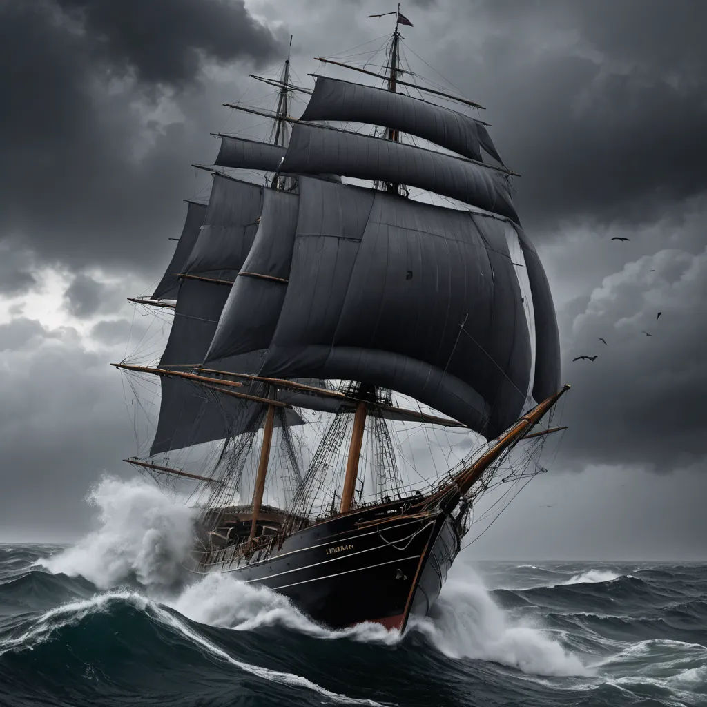a large boat sailing through a stormy ocean with birds flying around it's masts and a bird flying above it, gothic art, a detailed matte painting, David Martin, highly detailed digital painting