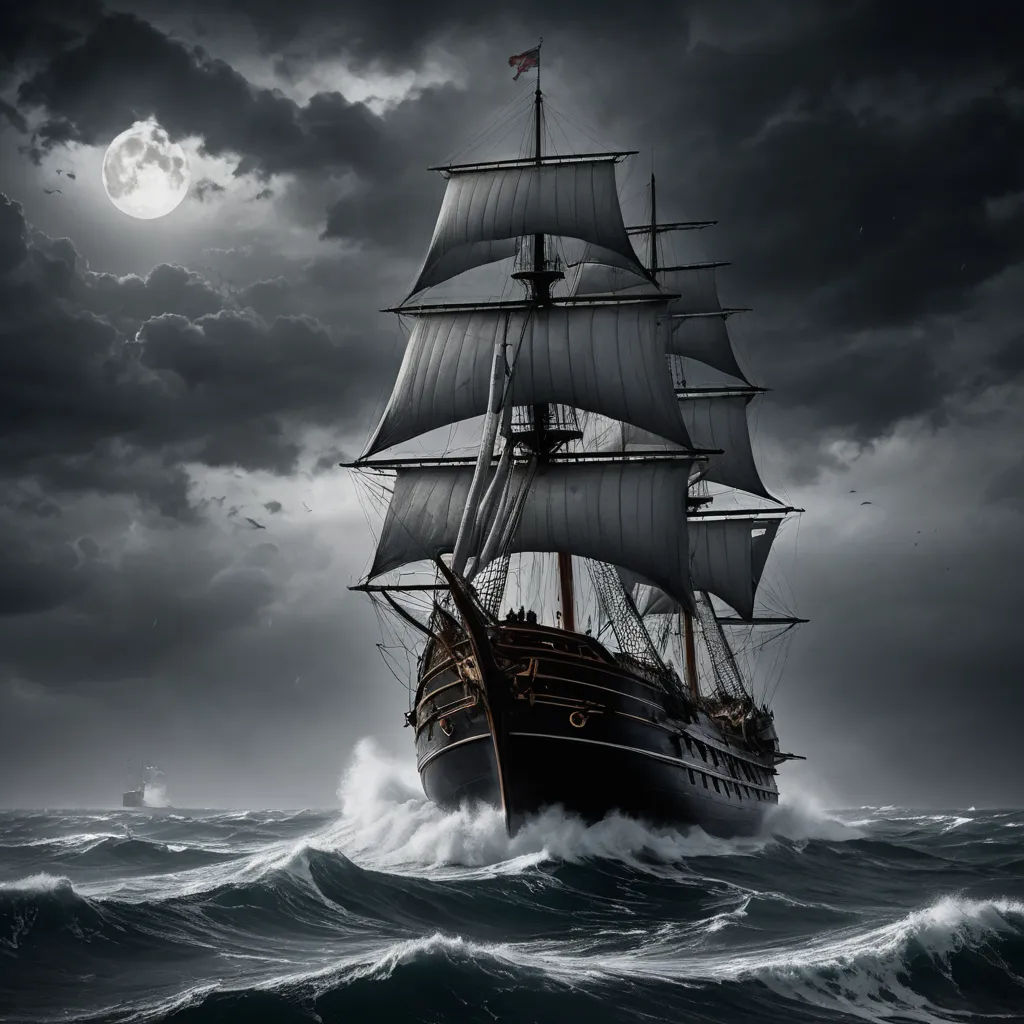 a ship sailing in the ocean under a full moon sky with clouds and a full moon in the sky, gothic art, a detailed matte painting, Felipe Seade, highly detailed digital painting
