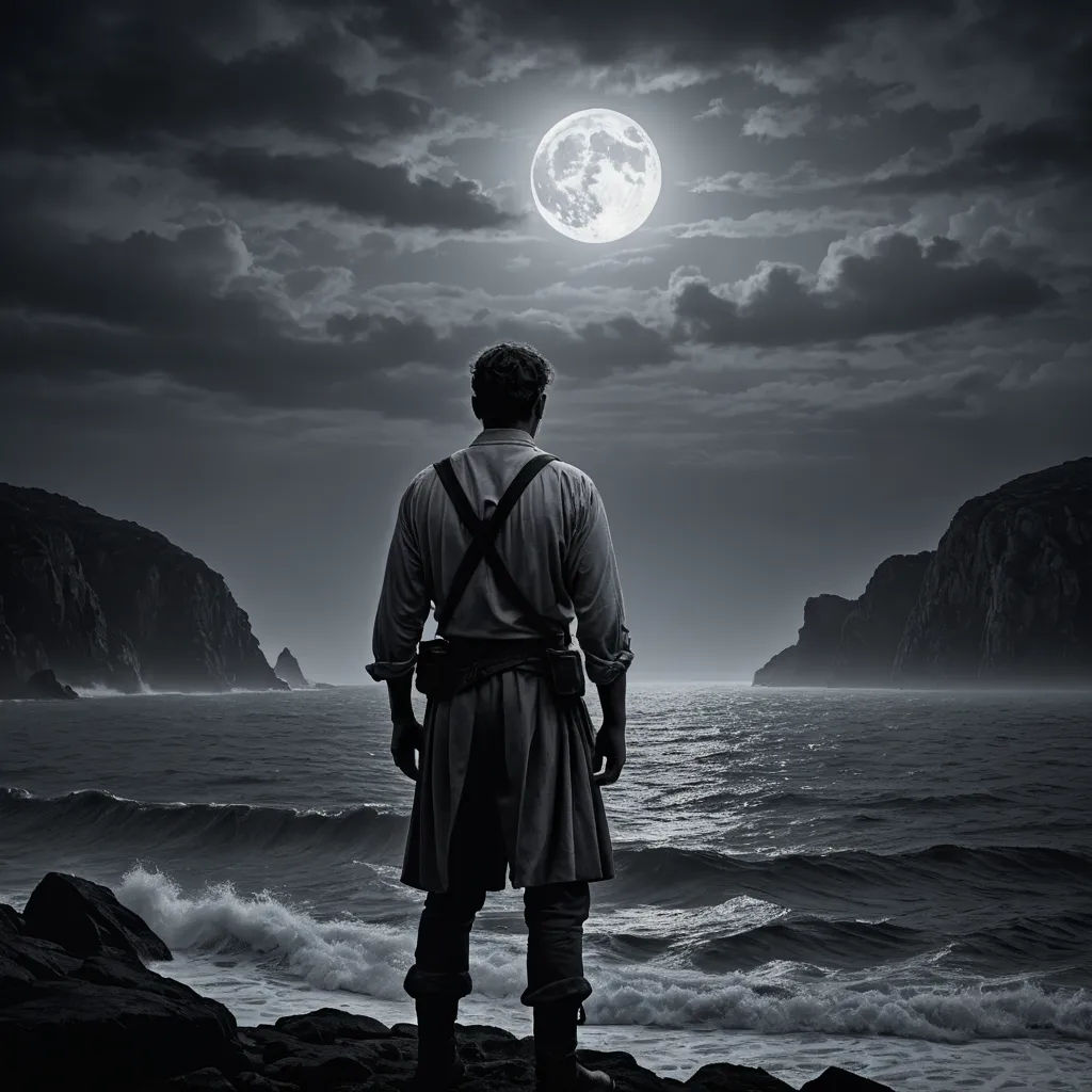 a man standing on a rocky beach looking at the ocean under a full moon with a full moon in the sky, american romanticism, a detailed matte painting, Dirk Crabeth, promotional image