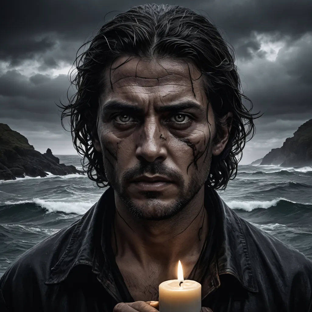 a man holding a candle in his hand in front of a body of water with a dark sky in the background, serial art, poster art, Diego Gisbert Llorens, promotional image