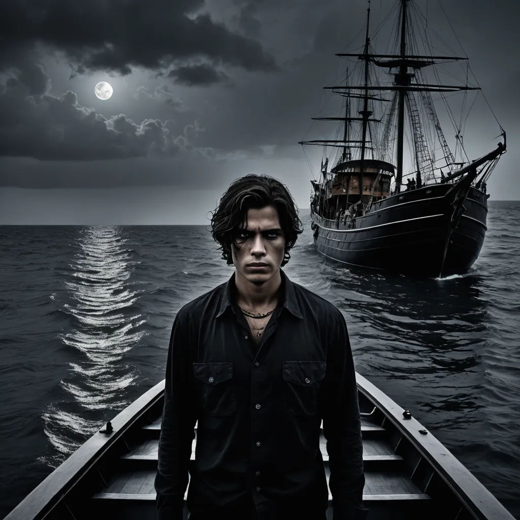 a man standing in a boat in the ocean with a full moon in the background and a ship in the water, art photography, a character portrait, Dirk Crabeth, promotional image