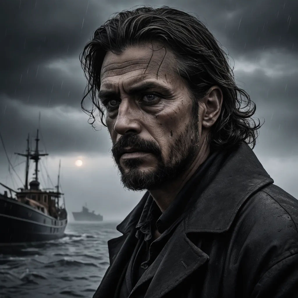 a man with a beard and a boat in the background in the water with a dark sky and clouds, art photography, a character portrait, Alexander Jansson, cinematic photography