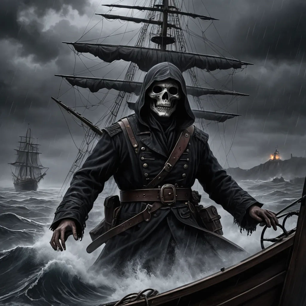 a pirate in a black outfit is standing on a boat in the water with a skull on his head, gothic art, a detailed matte painting, Anne Stokes, highly detailed digital painting