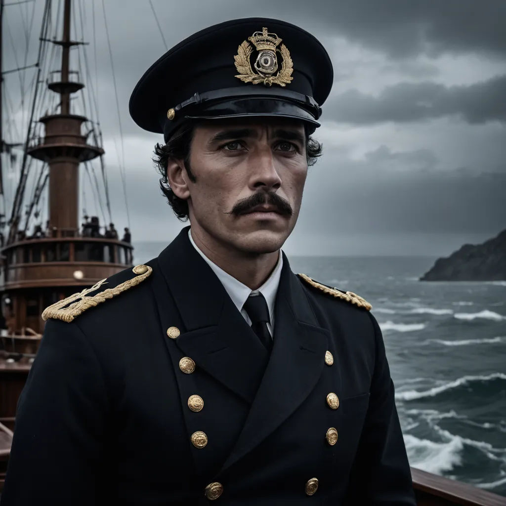 a man in a uniform standing on a boat in the ocean with a ship in the background and a mountain in the distance, aestheticism, a character portrait, Cristache Gheorghiu, promotional image