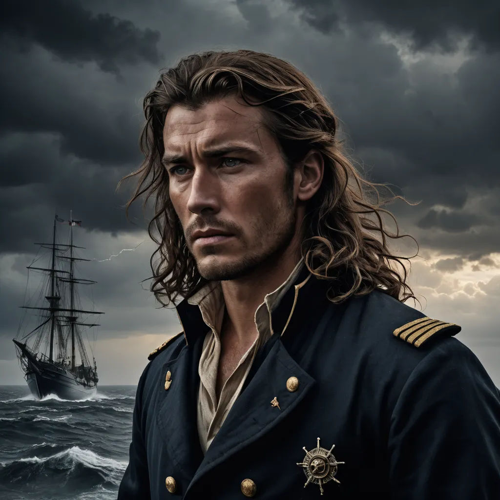 a man in a military uniform standing in front of a ship in the ocean with a stormy sky behind him, american romanticism, a character portrait, Dirk Crabeth, promotional image