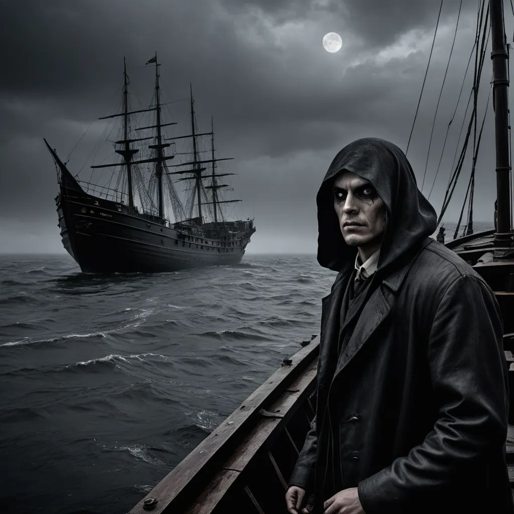 a man in a hooded jacket standing on a boat in the ocean with a ship in the background and a full moon in the sky, gothic art, a detailed matte painting, Dirk Crabeth, promotional image