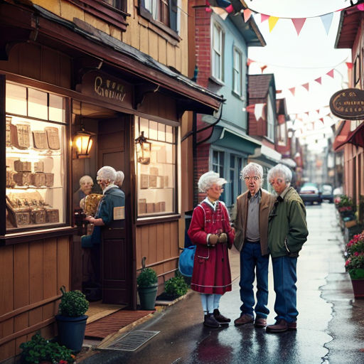 a group of people standing outside of a store on a rainy day in the rain, talking to each other