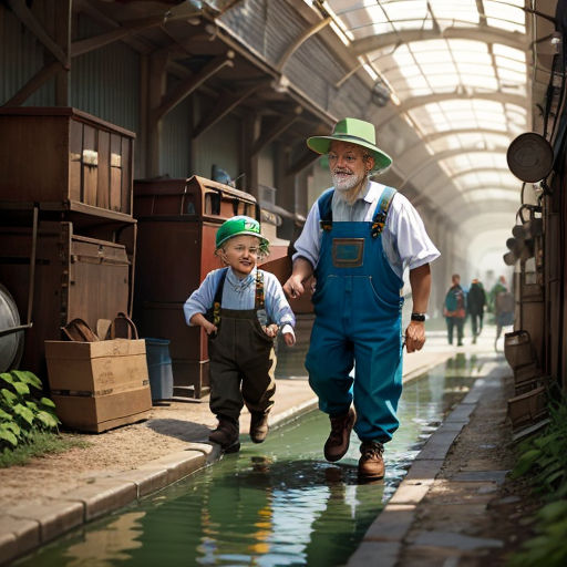 a man and a child walking down a walkway next to a water way with a green hat on and a green hat on