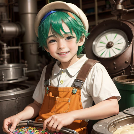 a young boy with green hair and a hat holding a basket of sprinkles in front of a machine