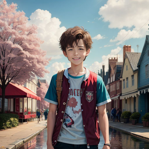 a boy standing in the middle of a street with a backpack on his back and a backpack on his shoulder