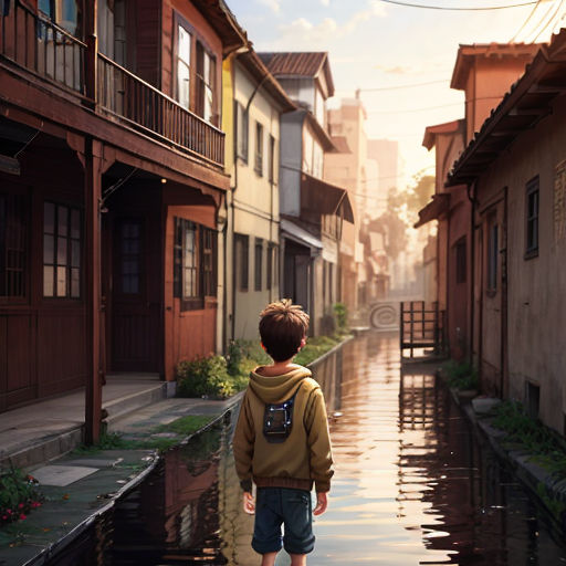 a boy walking down a street next to a body of water with buildings in the background and a person standing on the sidewalk