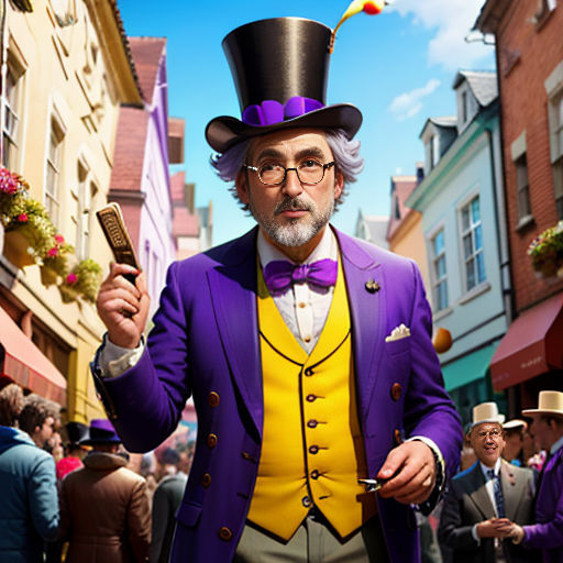 a man in a purple suit and top hat holding a cell phone in a street with people in the background