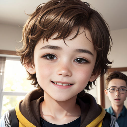 a young boy with glasses and a yellow sweater is smiling at the camera while a man looks on in the background
