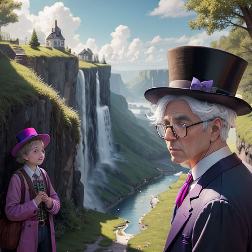 a man and a woman standing in front of a waterfall with a man in a top hat and a woman in a pink dress