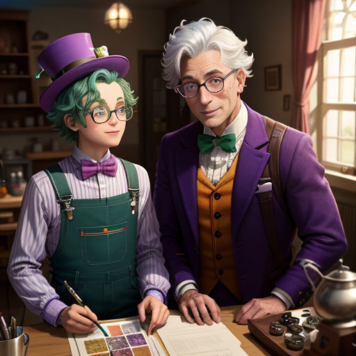 a man and a woman in costume standing next to each other at a table with a book and a teapot