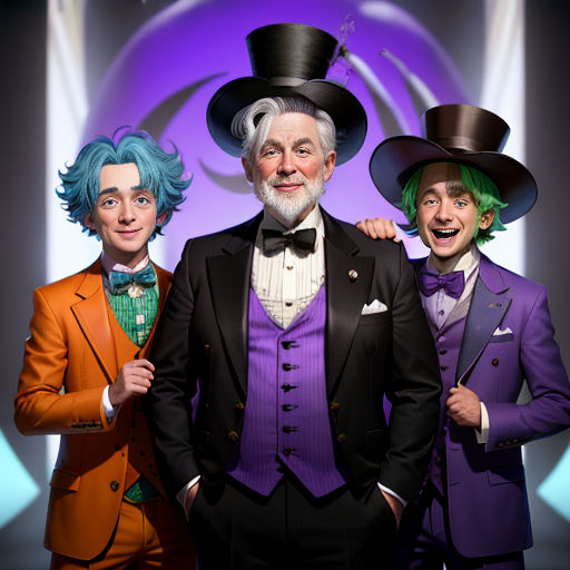 three men in suits and hats posing for a picture together in front of a purple background with a purple circle